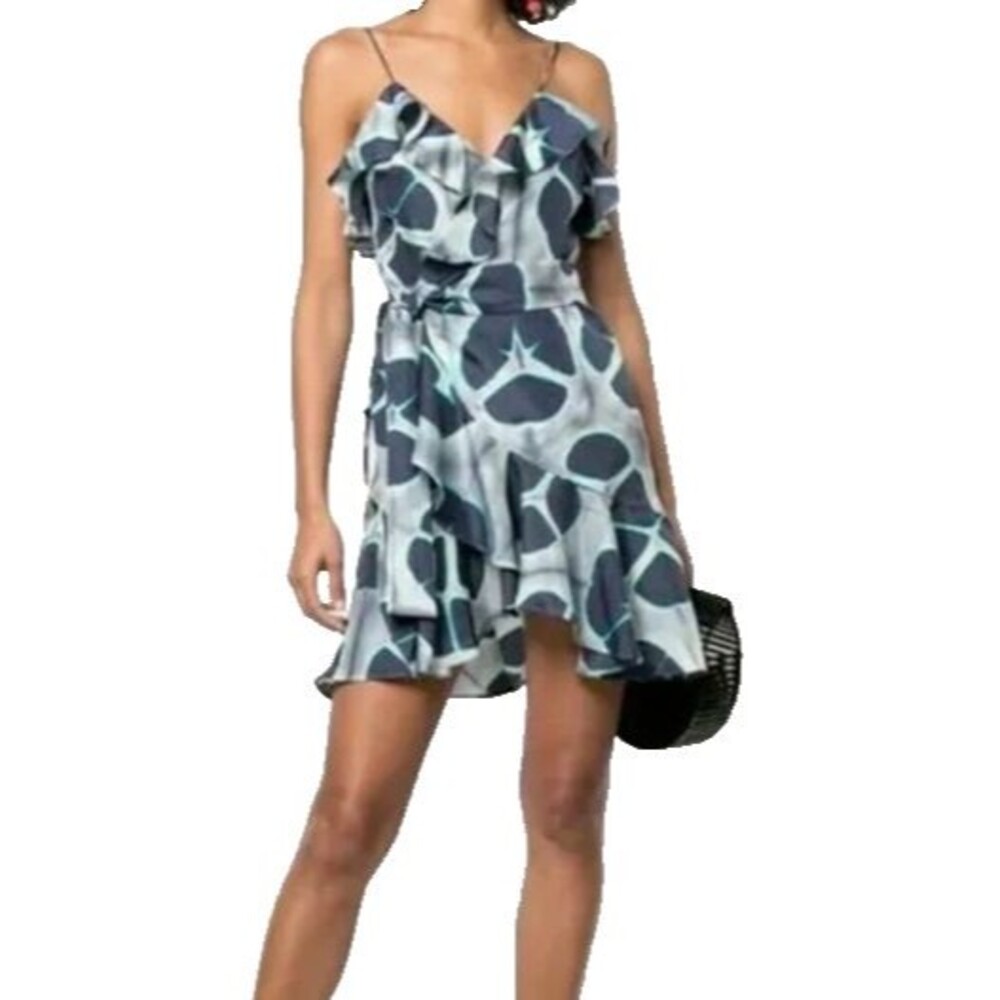 Alexis Kalani Silk Ocean Print Flounce Self-Tie Wrap Camisole Mini Dress XS/0-2